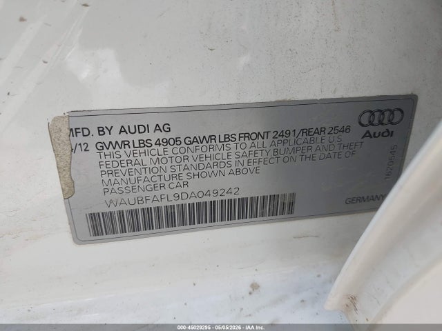 2013 Audi A4 2.0t Premium მანქანა იყიდება აუქციონზე, vin: WAUBFAFL9DA049242, აუქციონის ნომერი: 45029295