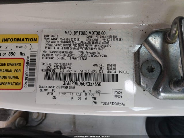 Aukcja sprzedaży 2016 Ford Fusion Se, vin: 3FA6P0HD6GR357650, numer aukcji: 45029300