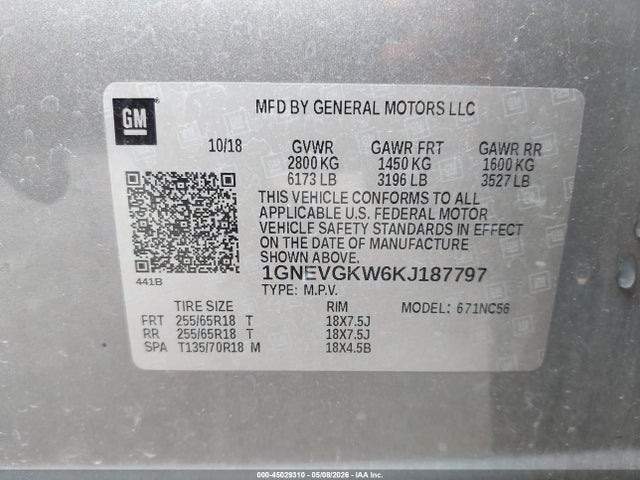 Продаж на аукціоні авто 2019 Chevrolet Traverse 1lt, vin: 1GNEVGKW6KJ187797, номер лоту: 45029310