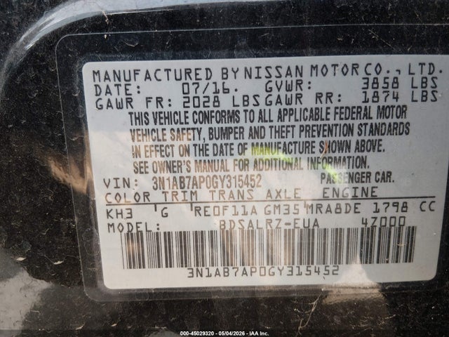 3N1AB7AP0GY315452 Nissan SENTRA SR
