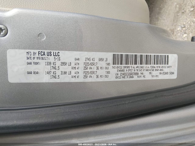 45029321 :رقم المزاد ، 2C4RDGCG3GR370890 vin ، 2016 Dodge Grand Caravan Sxt مزاد بيع