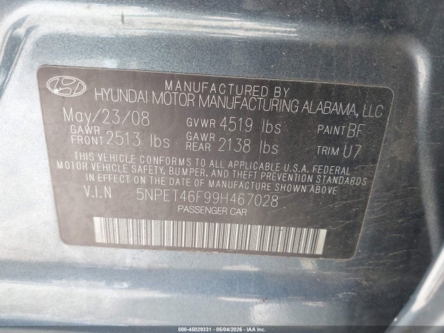 Продажа на аукционе авто 2009 Hyundai Sonata Gls V6, vin: 5NPET46F99H467028, номер лота: 45029331