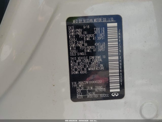 Aukcja sprzedaży 2017 Infiniti Qx80, vin: JN8AZ2NFXH9640201, numer aukcji: 45029336