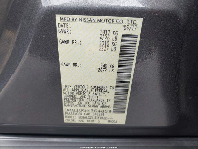 Aukcja sprzedaży 2017 Nissan Altima 2.5 S, vin: 1N4AL3AP1HN364859, numer aukcji: 45029345