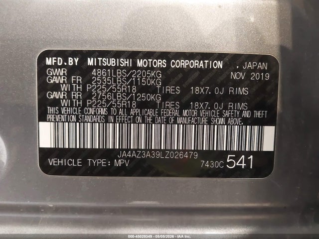 45029349 :رقم المزاد ، JA4AZ3A39LZ026479 vin ، 2020 Mitsubishi Outlander Es 2.4 S-awc مزاد بيع