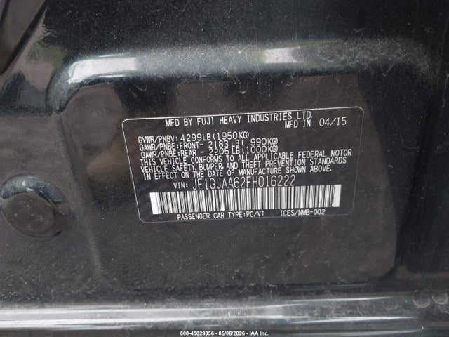 45029356 :رقم المزاد ، JF1GJAA62FH016222 vin ، 2015 Subaru Impreza 2.0i مزاد بيع