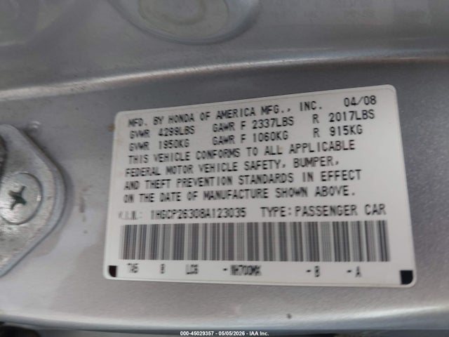 Продаж на аукціоні авто 2008 Honda Accord 2.4 Lx, vin: 1HGCP26308A123035, номер лоту: 45029357