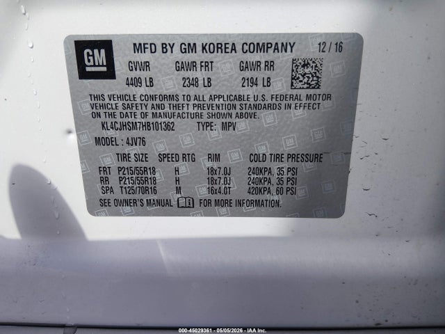 Продаж на аукціоні авто 2017 Buick Encore Premium, vin: KL4CJHSM7HB101362, номер лоту: 45029361