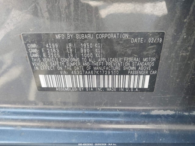 Aukcja sprzedaży 2019 Subaru Impreza 2.0i, vin: 4S3GTAA67K1729110, numer aukcji: 45029362