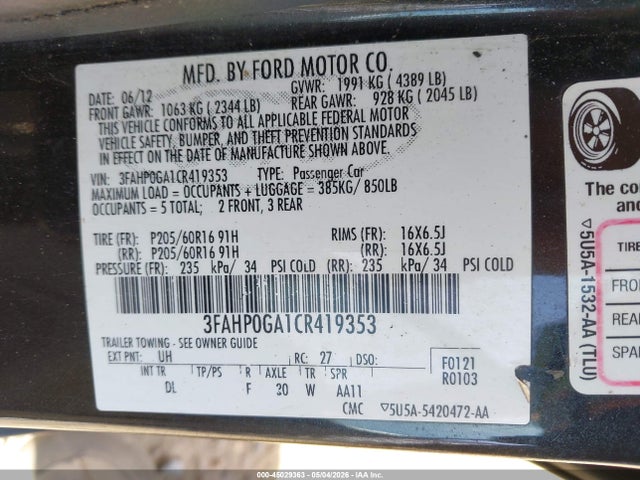 Продаж на аукціоні авто 2012 Ford Fusion S, vin: 3FAHP0GA1CR419353, номер лоту: 45029363