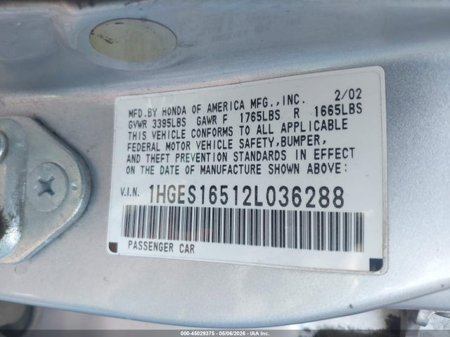 Продаж на аукціоні авто 2002 Honda Civic Lx, vin: 1HGES16512L036288, номер лоту: 45029375