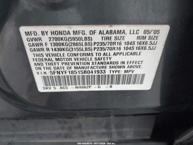Aukcja sprzedaży 2005 Honda Pilot Ex-l, vin: 5FNYF18515B041933, numer aukcji: 45029379
