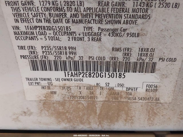 45029383 :رقم المزاد ، 1FAHP2E82DG150185 vin ، 2013 Ford Taurus Sel مزاد بيع