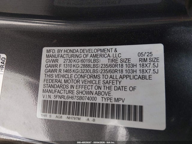 Продажа на аукционе авто 2025 Honda Odyssey Ex-l, vin: 5FNRL6H67SB074000, номер лота: 45029387