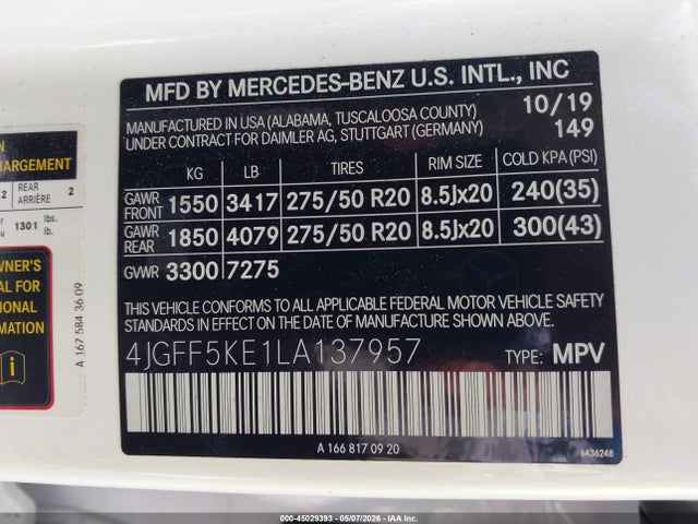 Aukcja sprzedaży 2020 Mercedes-benz Gls 450 4matic, vin: 4JGFF5KE1LA137957, numer aukcji: 45029393