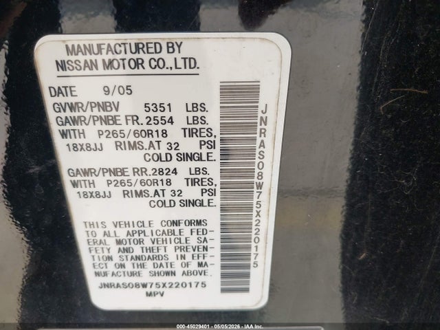 45029401 :رقم المزاد ، JNRAS08W75X220175 vin ، 2005 Infiniti Fx35 مزاد بيع