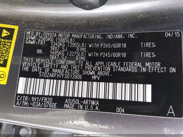 5TDZARFH7FS013906 Toyota Highlander Le