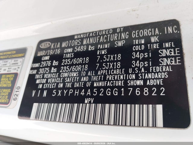 Продажа на аукционе авто 2016 Kia Sorento 3.3l Ex, vin: 5XYPH4A52GG176822, номер лота: 45029414