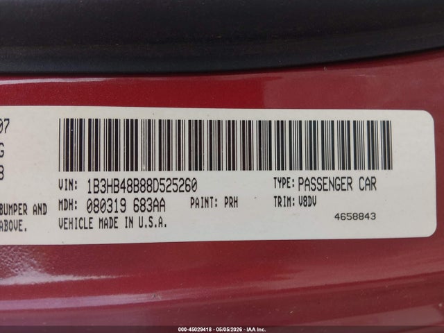 2008 Dodge Caliber Sxt მანქანა იყიდება აუქციონზე, vin: 1B3HB48B88D525260, აუქციონის ნომერი: 45029418