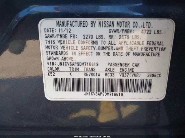 2013 Infiniti G37 Journey მანქანა იყიდება აუქციონზე, vin: JN1CV6AP9DM716619, აუქციონის ნომერი: 45029421