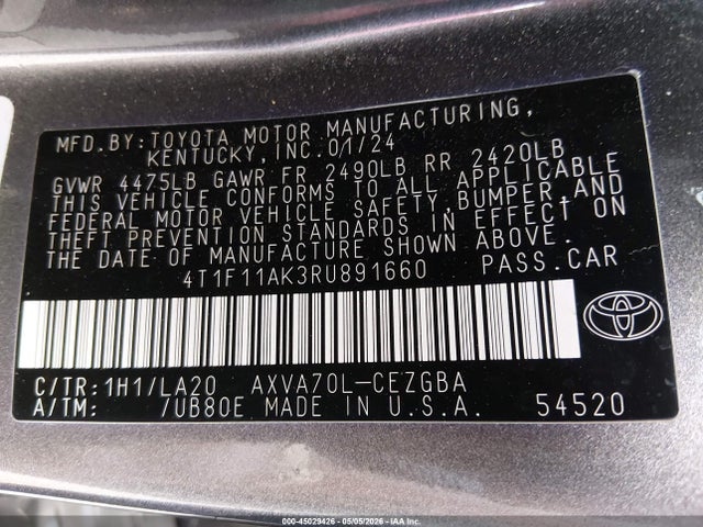 2024 Toyota Camry Xle მანქანა იყიდება აუქციონზე, vin: 4T1F11AK3RU891660, აუქციონის ნომერი: 45029426