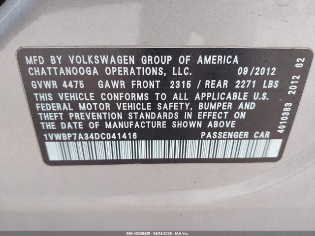 2013 Volkswagen Passat 2.5l Se მანქანა იყიდება აუქციონზე, vin: 1VWBP7A34DC041416, აუქციონის ნომერი: 45029429