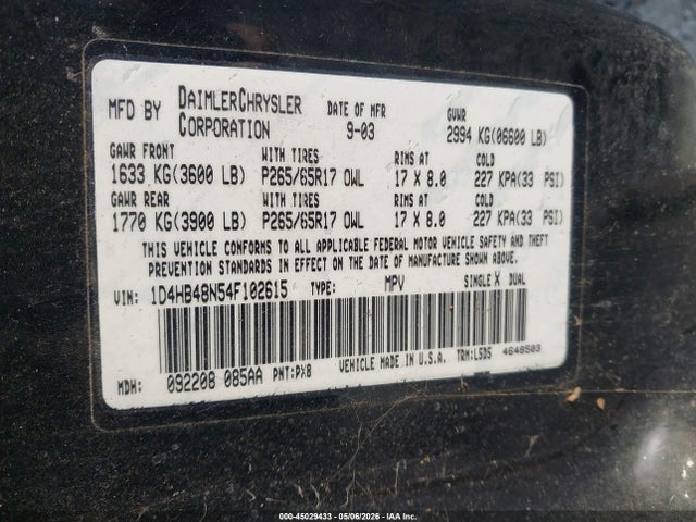 Продаж на аукціоні авто 2004 Dodge Durango Slt, vin: 1D4HB48N54F102615, номер лоту: 45029433