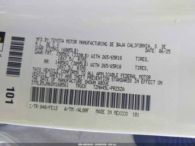 45029436 :رقم المزاد ، 3TMLB5JN6SM160561 vin ، 2025 Toyota Tacoma Trd Sport مزاد بيع