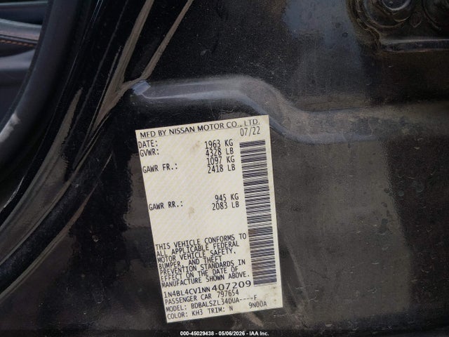 Aukcja sprzedaży 2022 Nissan Altima Sr Fwd, vin: 1N4BL4CV1NN407209, numer aukcji: 45029438