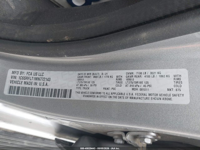 Auction sale of the 2021 Ram 1500 Rebel  4x4 5'7 Box, vin: 1C6SRFLT1MN772143, lot number: 45029443