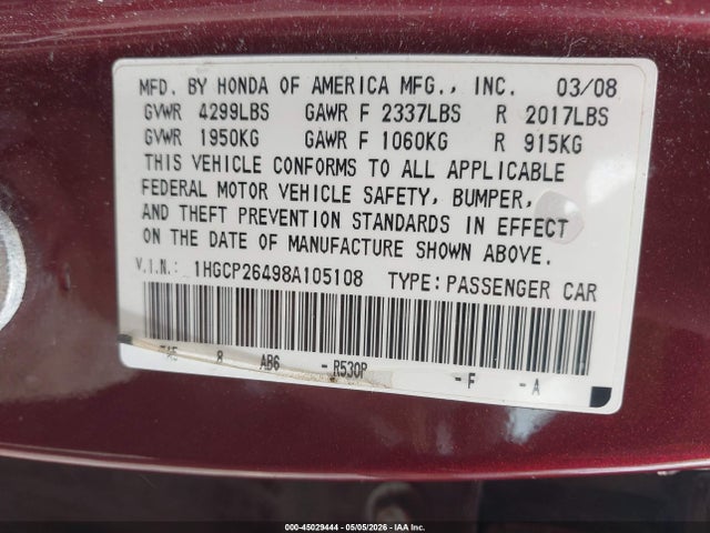 Aukcja sprzedaży 2008 Honda Accord 2.4 Lx-p, vin: 1HGCP26498A105108, numer aukcji: 45029444
