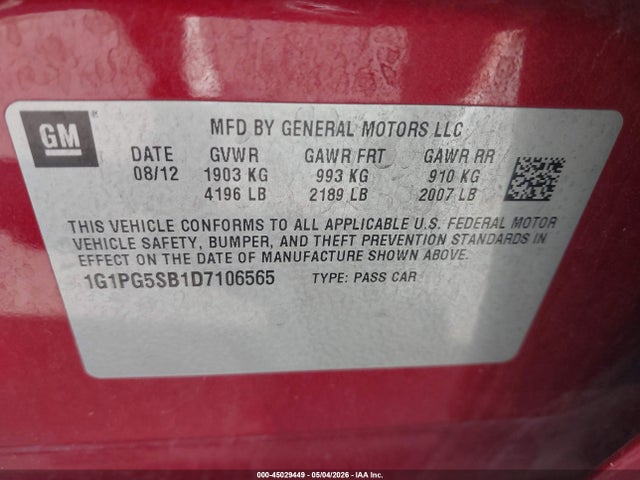 Aukcja sprzedaży 2013 Chevrolet Cruze Ltz, vin: 1G1PG5SB1D7106565, numer aukcji: 45029449