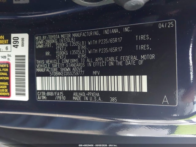 2025 Toyota Sienna Le მანქანა იყიდება აუქციონზე, vin: 5TDBRKEC0SS259777, აუქციონის ნომერი: 45029458