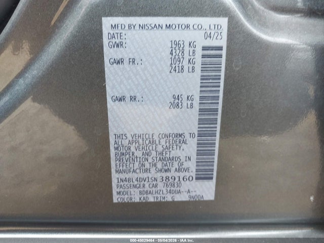 1N4BL4DV1SN389160 Nissan Altima Sv Fwd