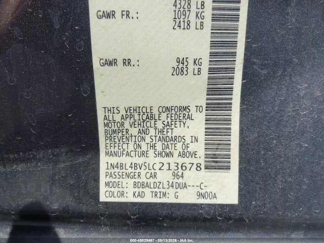 1N4BL4BV5LC213678 Nissan Altima S Fwd