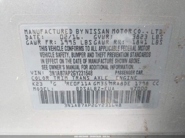 Aukcja sprzedaży 2016 Nissan Sentra Fe+ S/s/sl/sr/sv, vin: 3N1AB7AP2GY231648, numer aukcji: 45029469