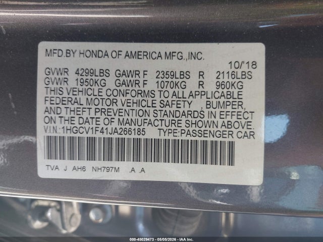 2018 Honda Accord Ex მანქანა იყიდება აუქციონზე, vin: 1HGCV1F41JA266185, აუქციონის ნომერი: 45029473