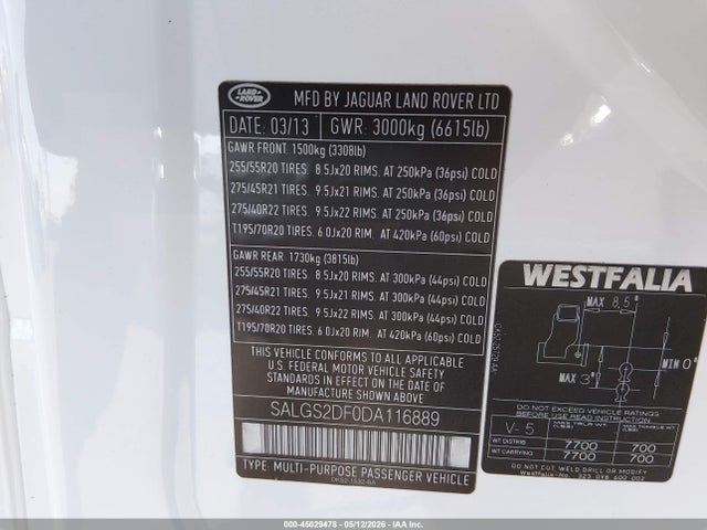 Продаж на аукціоні авто 2013 Land Rover Range Rover Hse, vin: SALGS2DF0DA116889, номер лоту: 45029478