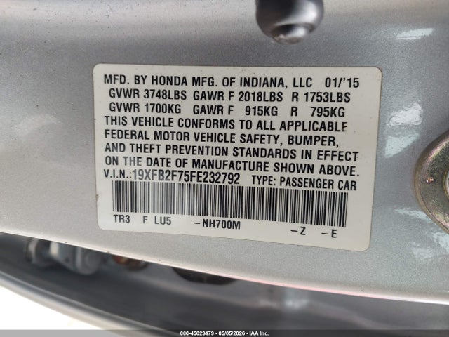 45029479 :رقم المزاد ، 19XFB2F75FE232792 vin ، 2015 Honda Civic Se مزاد بيع