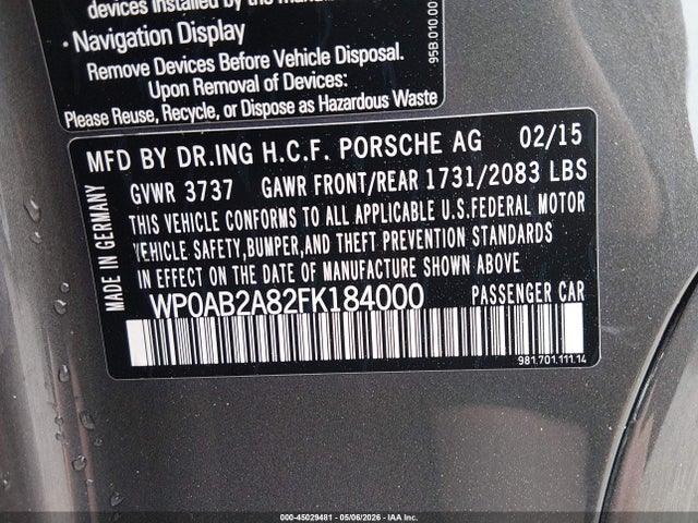 45029481 :رقم المزاد ، WP0AB2A82FK184000 vin ، 2015 Porsche Cayman S مزاد بيع
