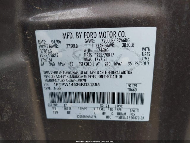 Aukcja sprzedaży 2006 Ford F-150 Fx4/lariat/xlt, vin: 1FTPW14536KD31855, numer aukcji: 45029508