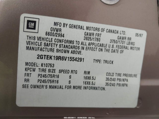 Aukcja sprzedaży 1997 Gmc Sierra 1500 Sl Wideside, vin: 2GTEK19R6V1554291, numer aukcji: 45029511