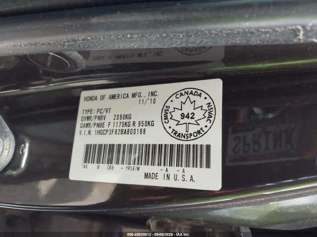 45029512 :رقم المزاد ، 1HGCP3F82BA800188 vin ، 2011 Honda Accord 3.5 Ex-l مزاد بيع