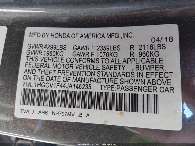 Honda ACCORD EX 2018 1HGCV1F44JA146235 Image 9