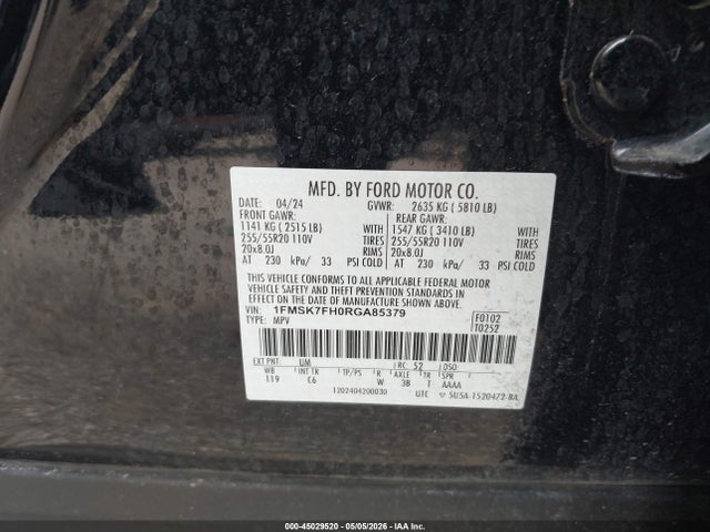 Aukcja sprzedaży 2024 Ford Explorer Limited, vin: 1FMSK7FH0RGA85379, numer aukcji: 45029520