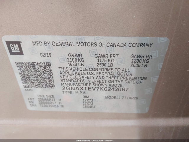 Aukcja sprzedaży 2019 Chevrolet Equinox Lt, vin: 2GNAXTEV7K6243067, numer aukcji: 45029523