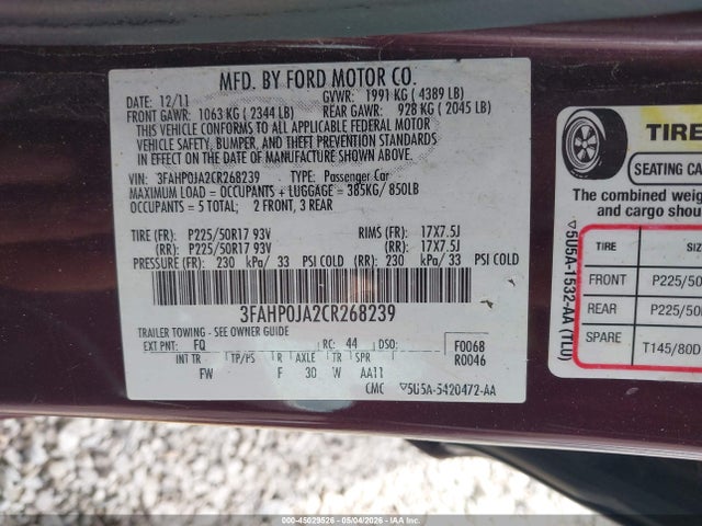 Продаж на аукціоні авто 2012 Ford Fusion Sel, vin: 3FAHP0JA2CR268239, номер лоту: 45029526