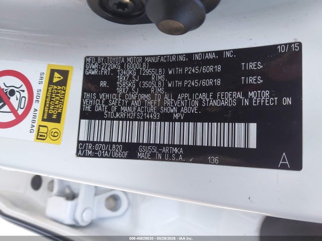 5TDJKRFH2FS214493 Toyota Highlander Xle V6