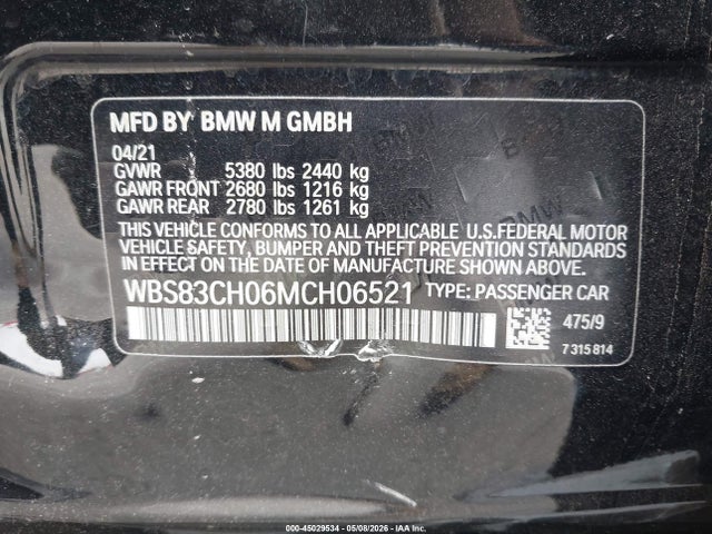 Aukcja sprzedaży 2021 Bmw M5, vin: WBS83CH06MCH06521, numer aukcji: 45029534