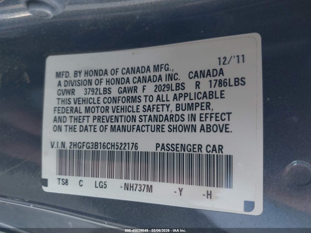 45029549 :رقم المزاد ، 2HGFG3B16CH522176 vin ، 2012 Honda Civic Ex-l مزاد بيع
